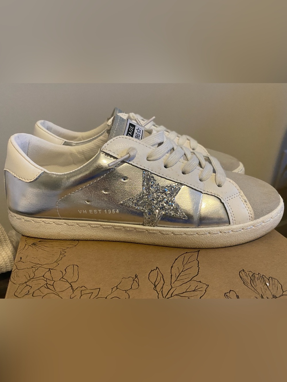 Vintage Havana Carla Metallic Glitter Silver Star Lace-Up Sneakers